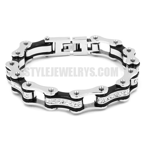 Stainless Steel Rhinestone Biker Bracelet Stainless Steel Jewelry Fashion Black and Silver Bicycle Chain Motor Bracelet SJB0309 - Click Image to Close